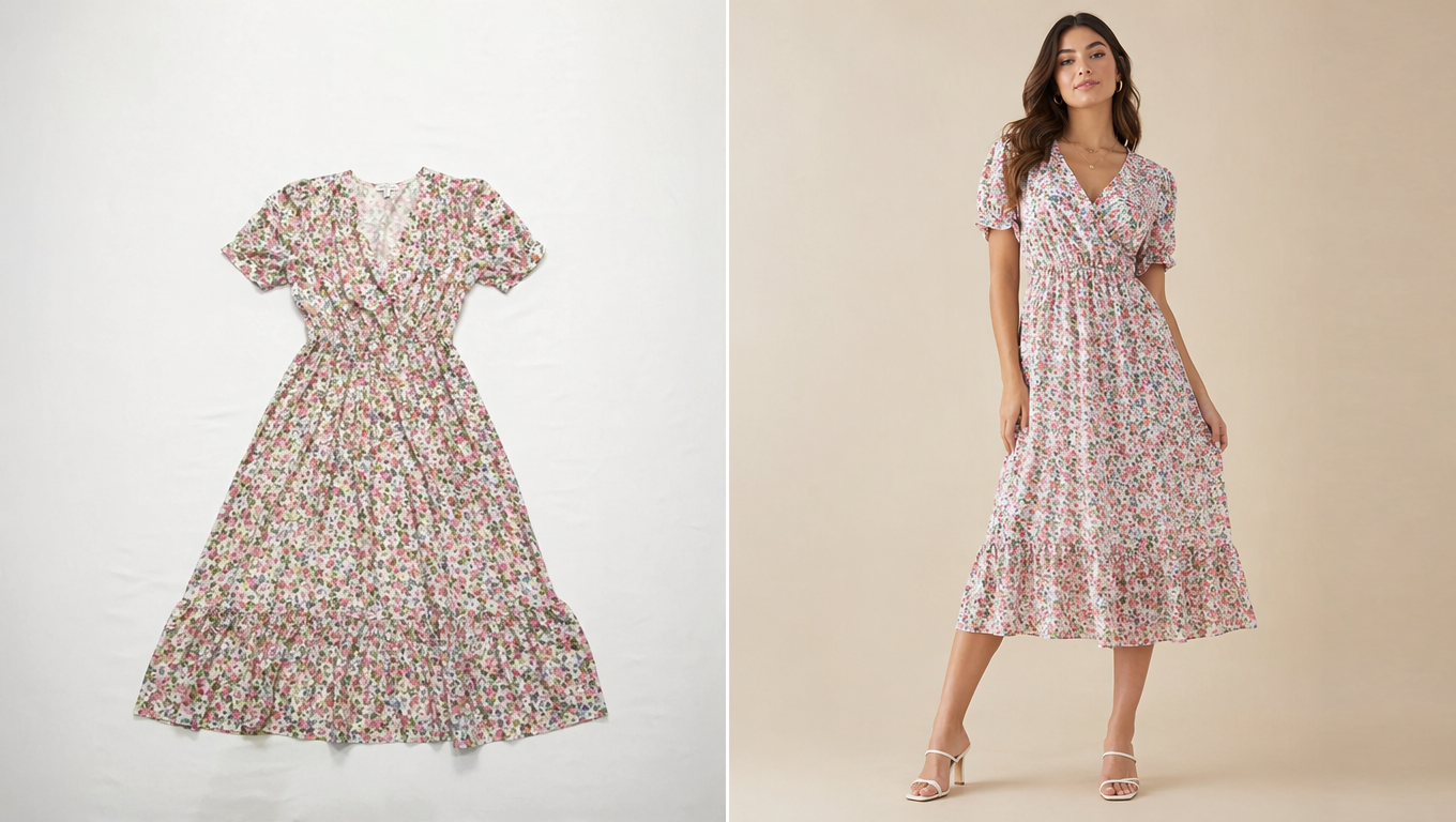 AI fashion model generator before-and-after: flat-lay dress transformed into an on-model ecommerce photo