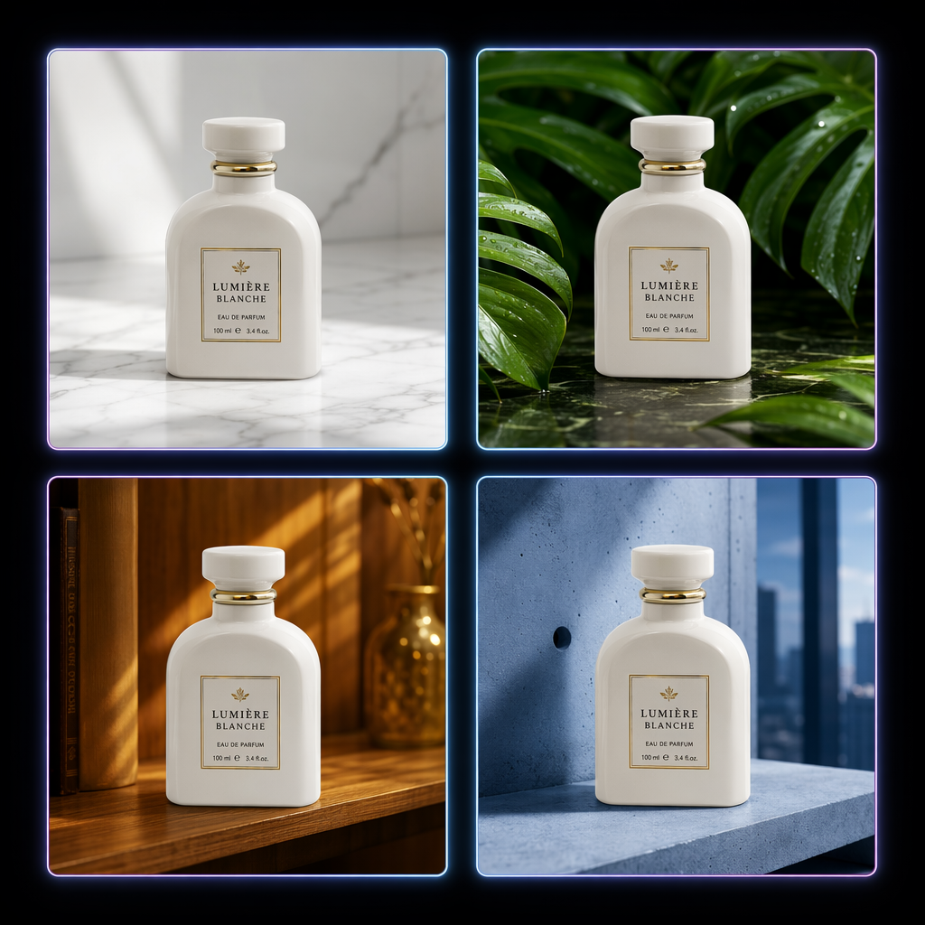 The same perfume bottle product rendered consistently across four different backgrounds using AI image generation