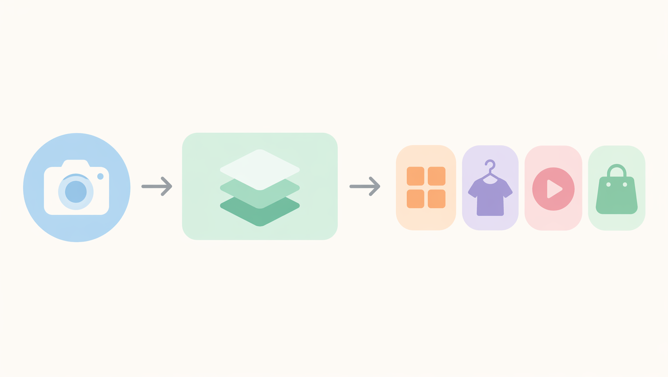 Pastel workflow diagram: product image goes into a workflow layer, outputs catalogue photos, try-on visuals, videos, and ads