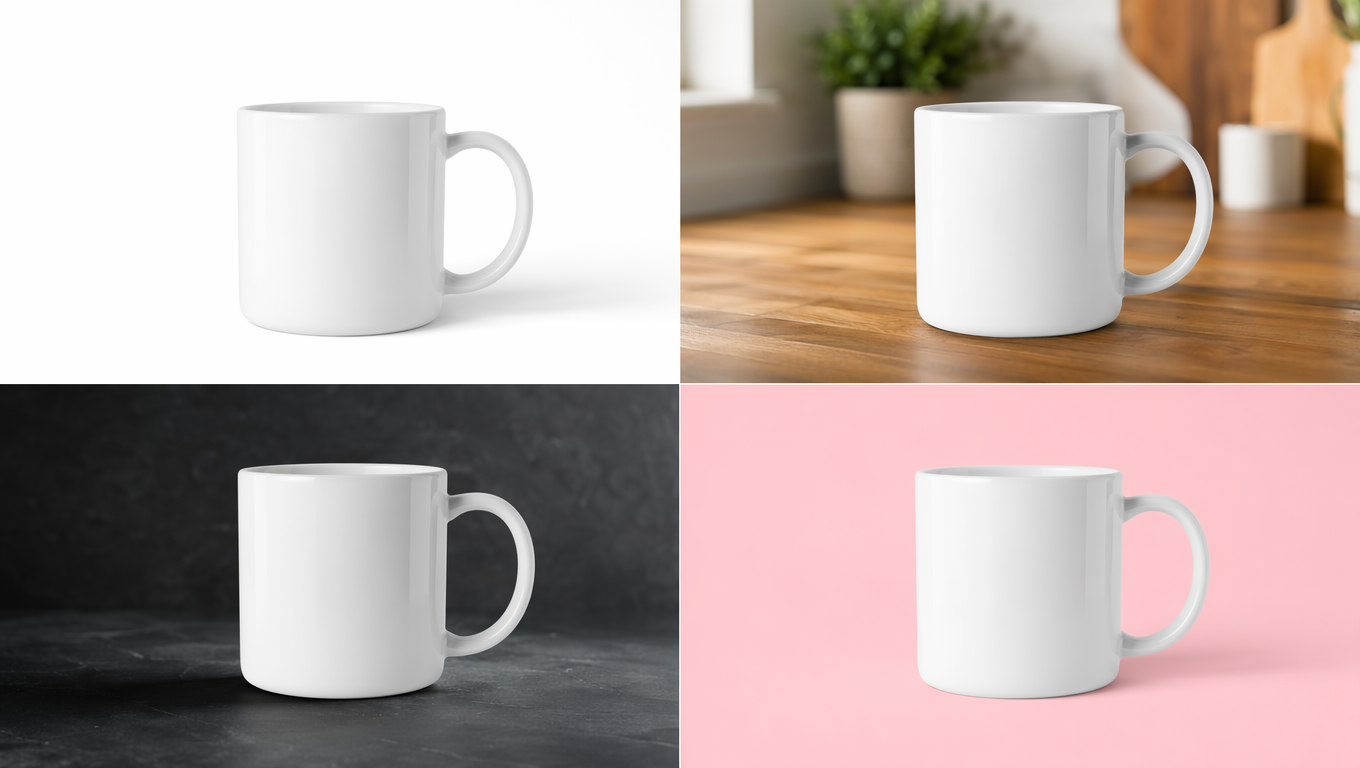 Same product — a white ceramic mug — rendered consistently across four different AI-generated studio backgrounds
