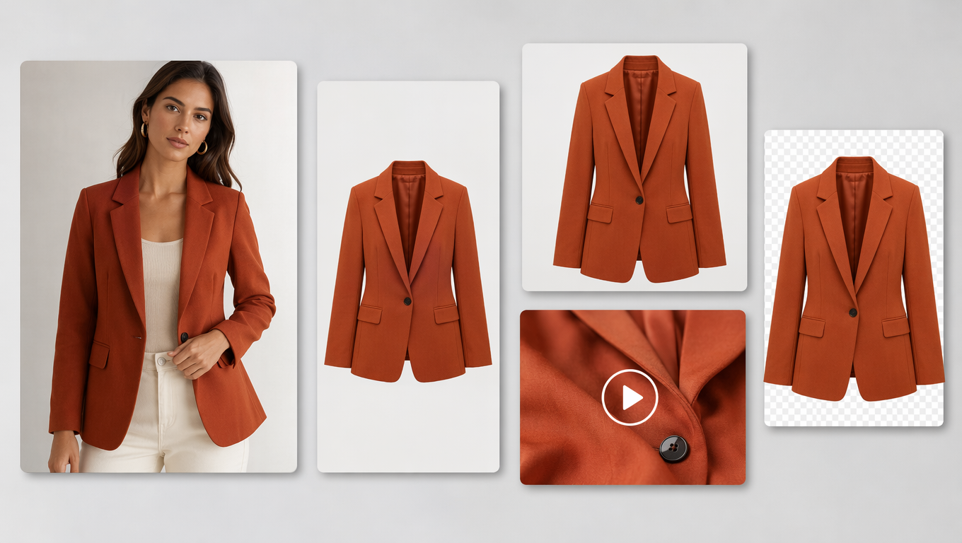 Full ecommerce creative asset spread from one garment: AI model photo, ad, marketplace tile, video, and product image