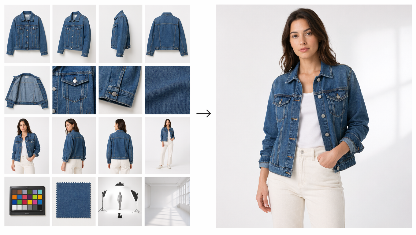 Ecommerce product video workflow: 50 reference inputs including product photos and brand assets feeding into a single 4K AI-generated video clip