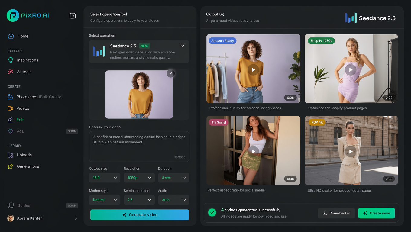 Pixro dashboard showing catalogue-scale AI product video thumbnails spec-badged for Amazon, Shopify, and social media formats