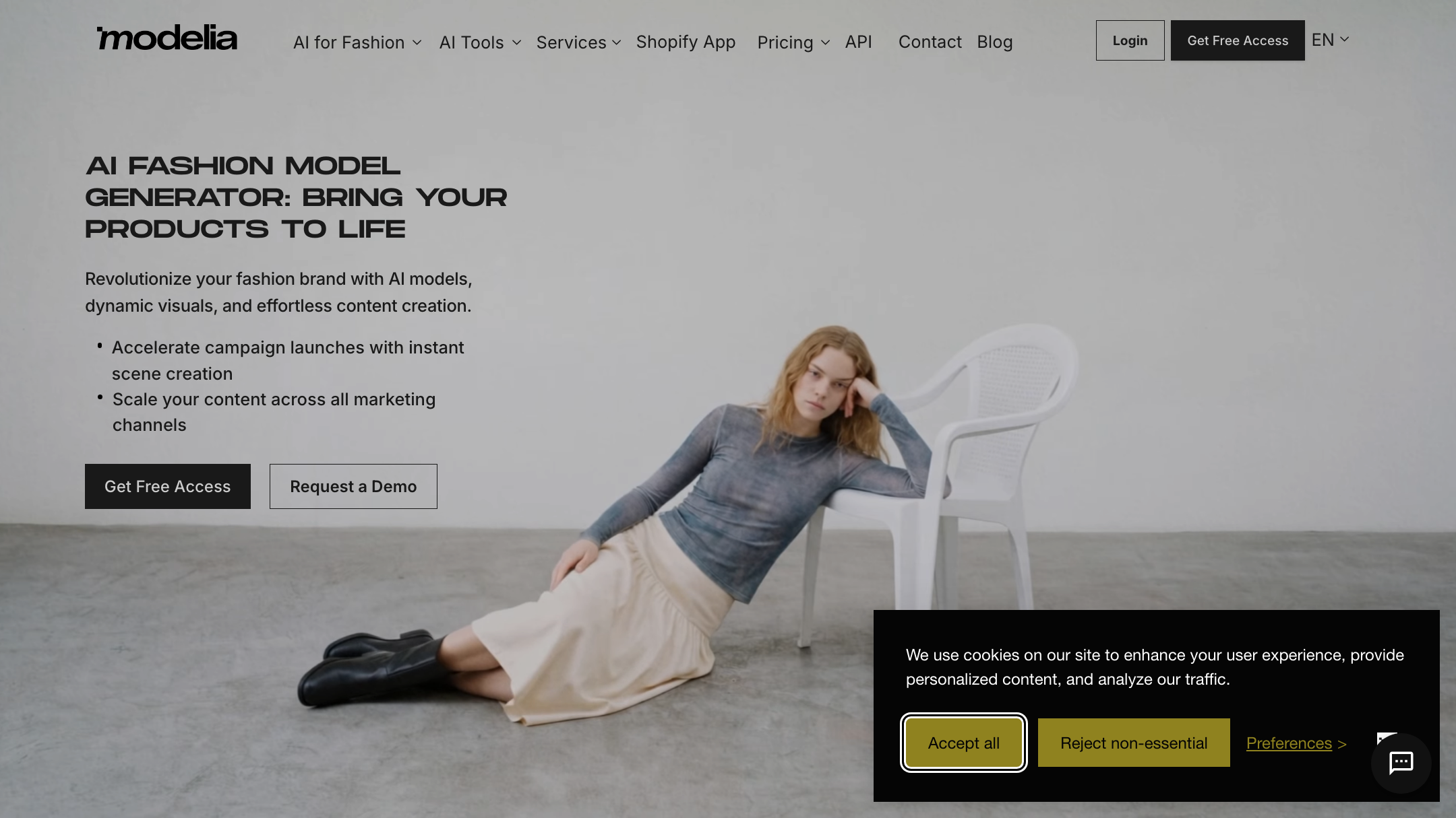 Modelia's homepage (July 2026).