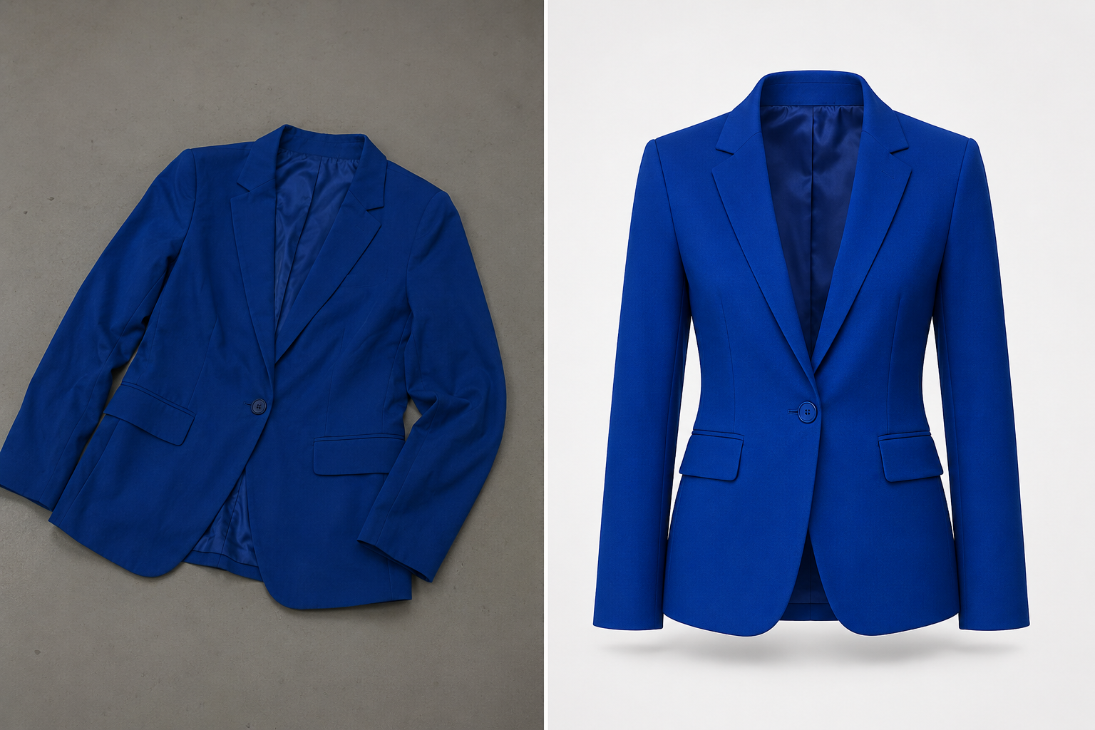 Before and after: a flat, dull phone photo of a cobalt-blue blazer on the left versus a vivid ghost mannequin image of the same blazer on the right