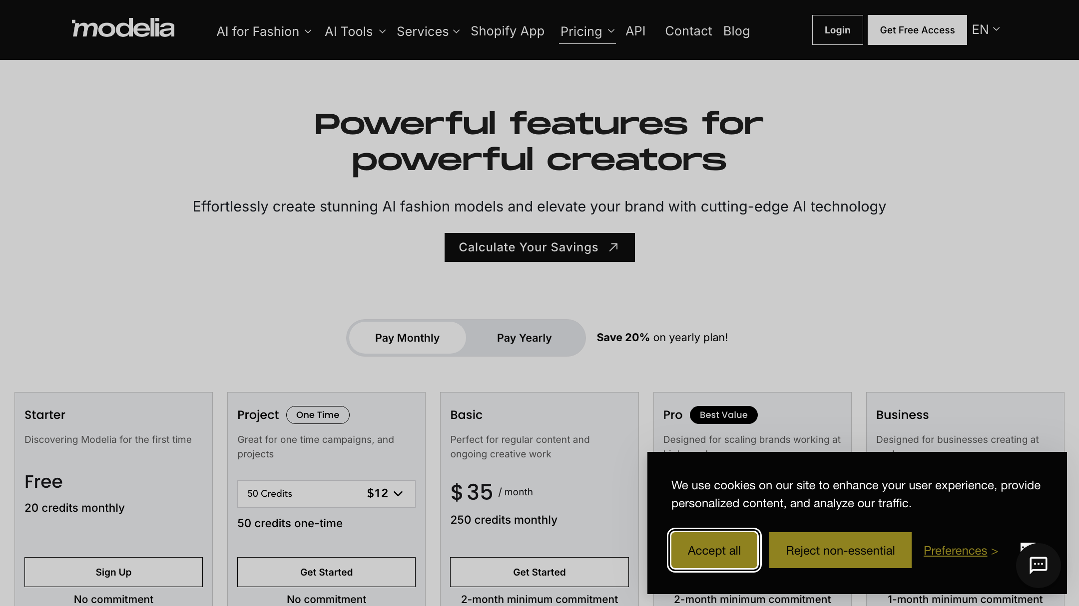 Modelia's pricing (July 2026 — check their site).