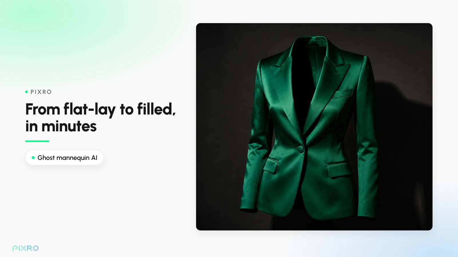 An emerald-green blazer shown as a ghost mannequin image on a deep charcoal studio background