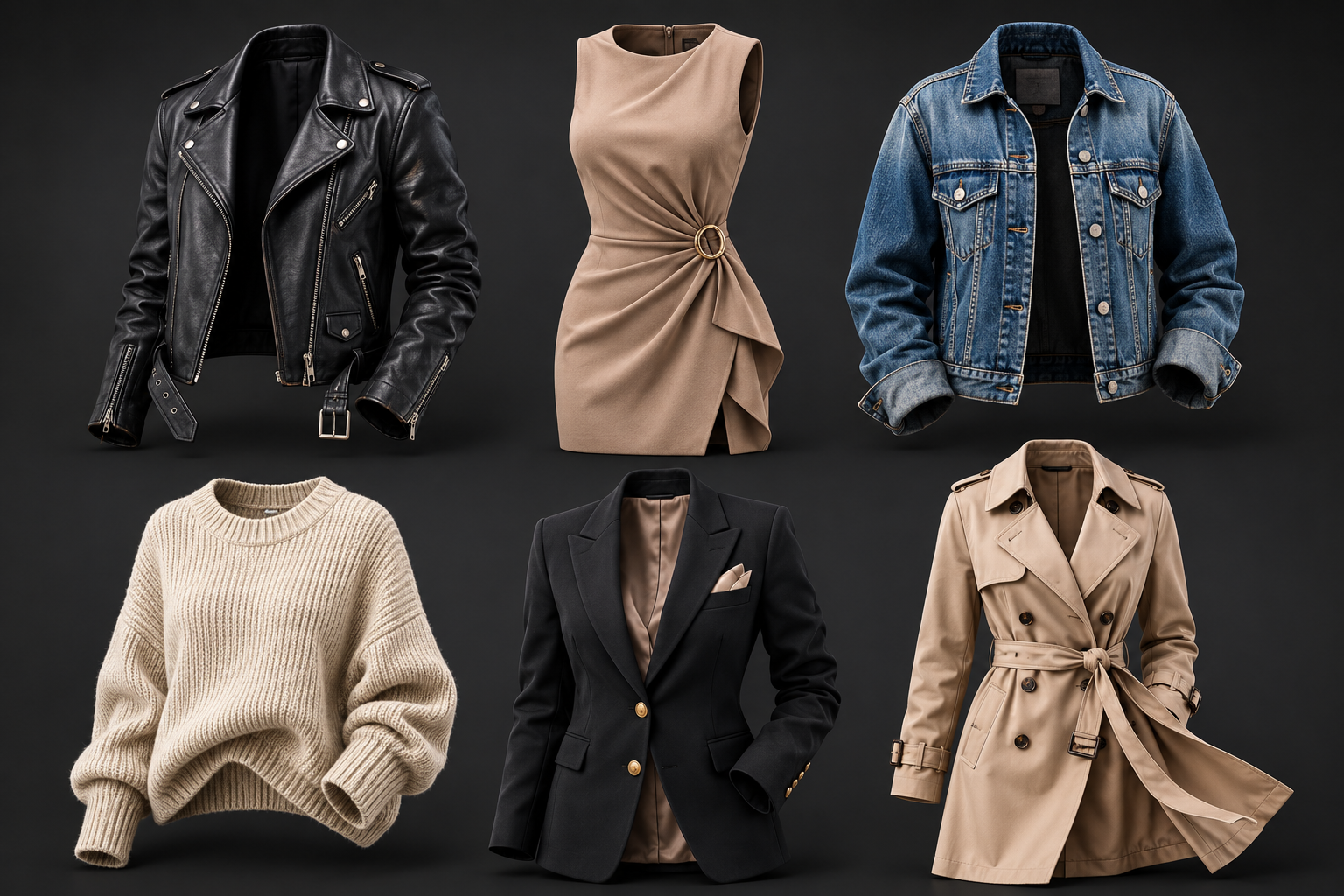 A grid of six ghost mannequin garment images: leather jacket, dress, denim jacket, knit, blazer and trench, each on a different bold colour background