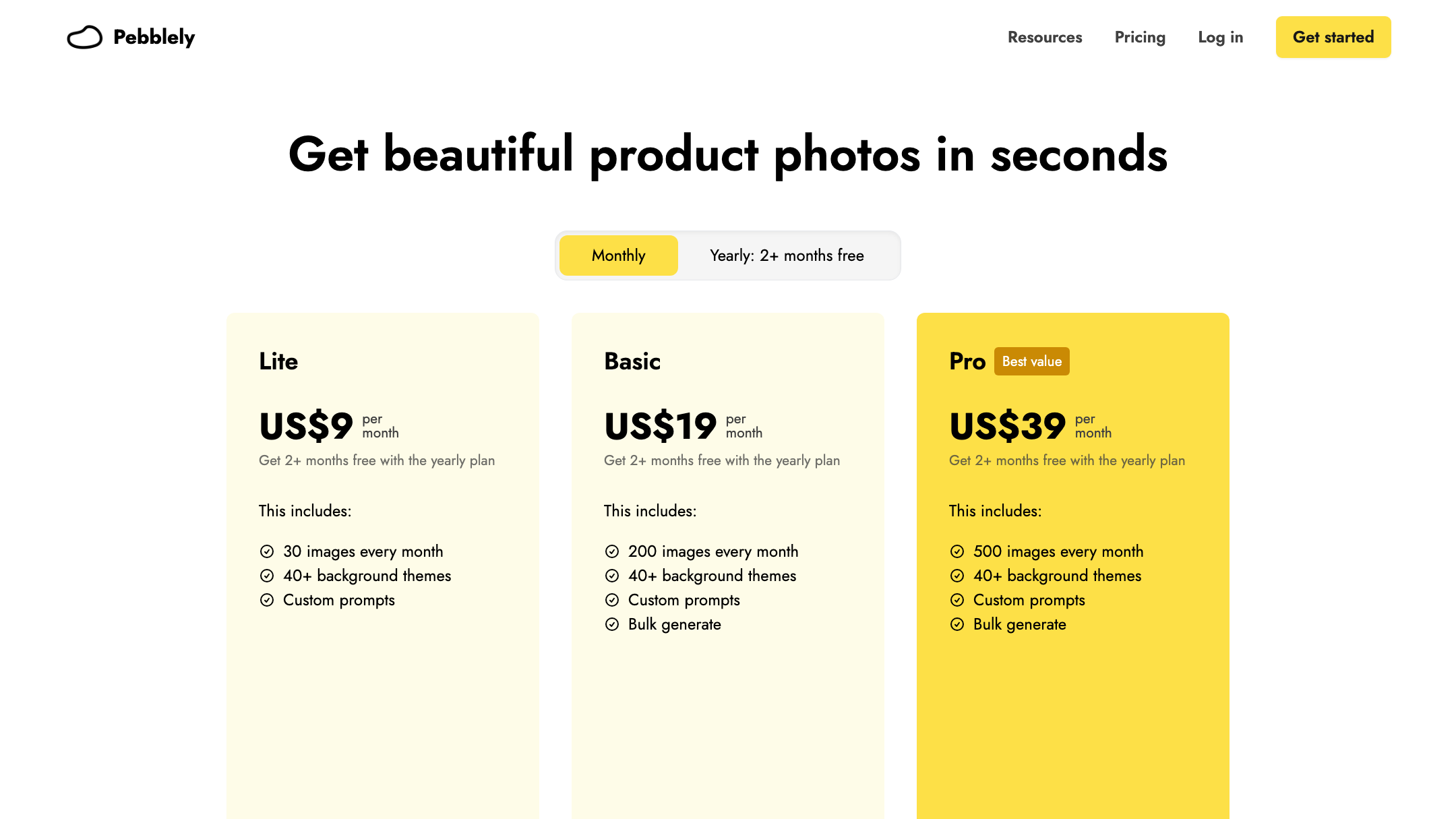 Pebblely's pricing (July 2026 — check their site).