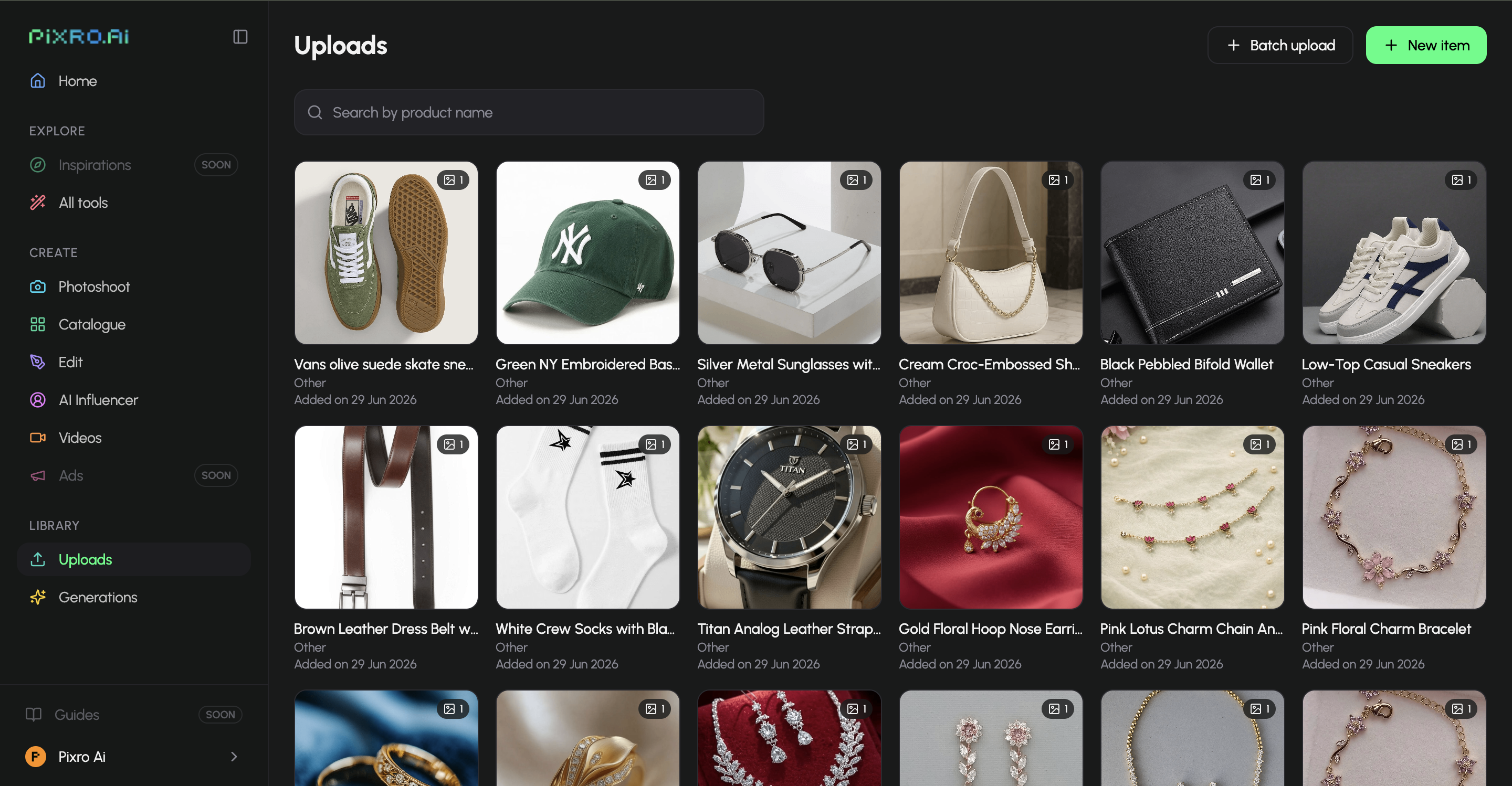 Your product library in Pixro — upload once, reuse across every tool.