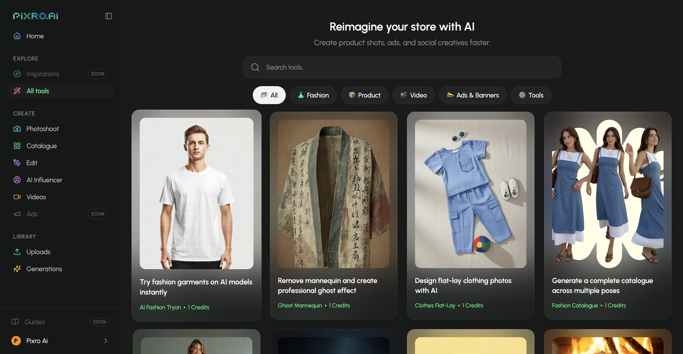 Every Pixro tool in one place — product photos, fashion try-on, video and ads.