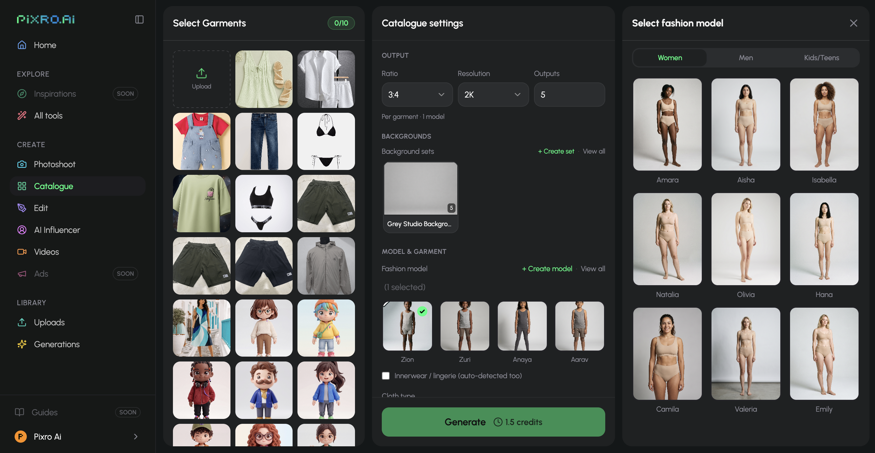 Building a fashion catalogue in Pixro — pick garments, a model, backgrounds, then generate.