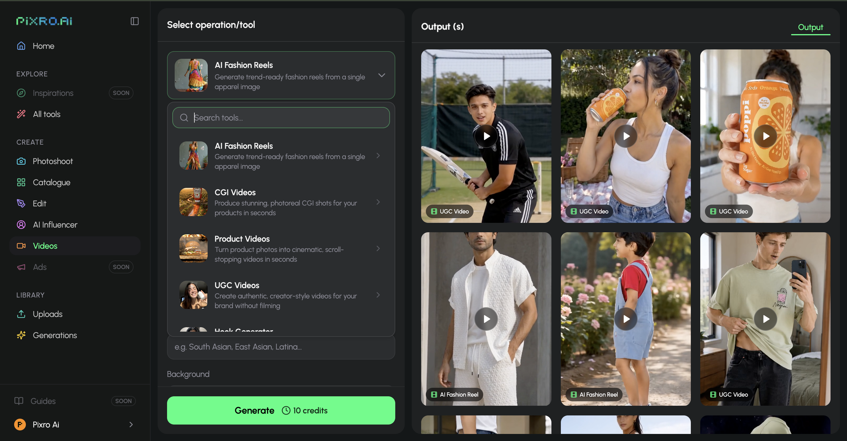Pixro's video tools — AI reels, product videos, UGC and CGI from a still.