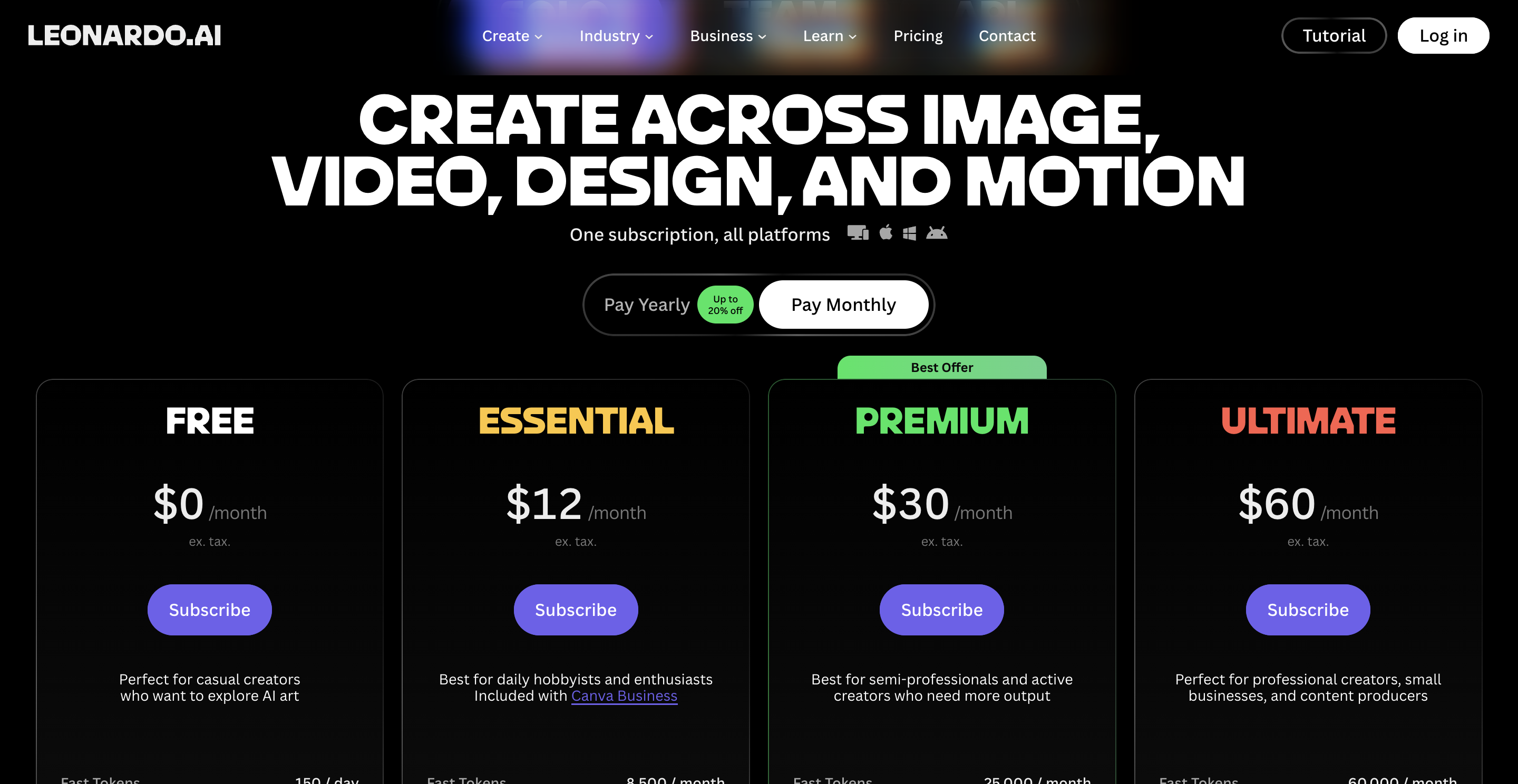 Leonardo's pricing (July 2026 — check their site).