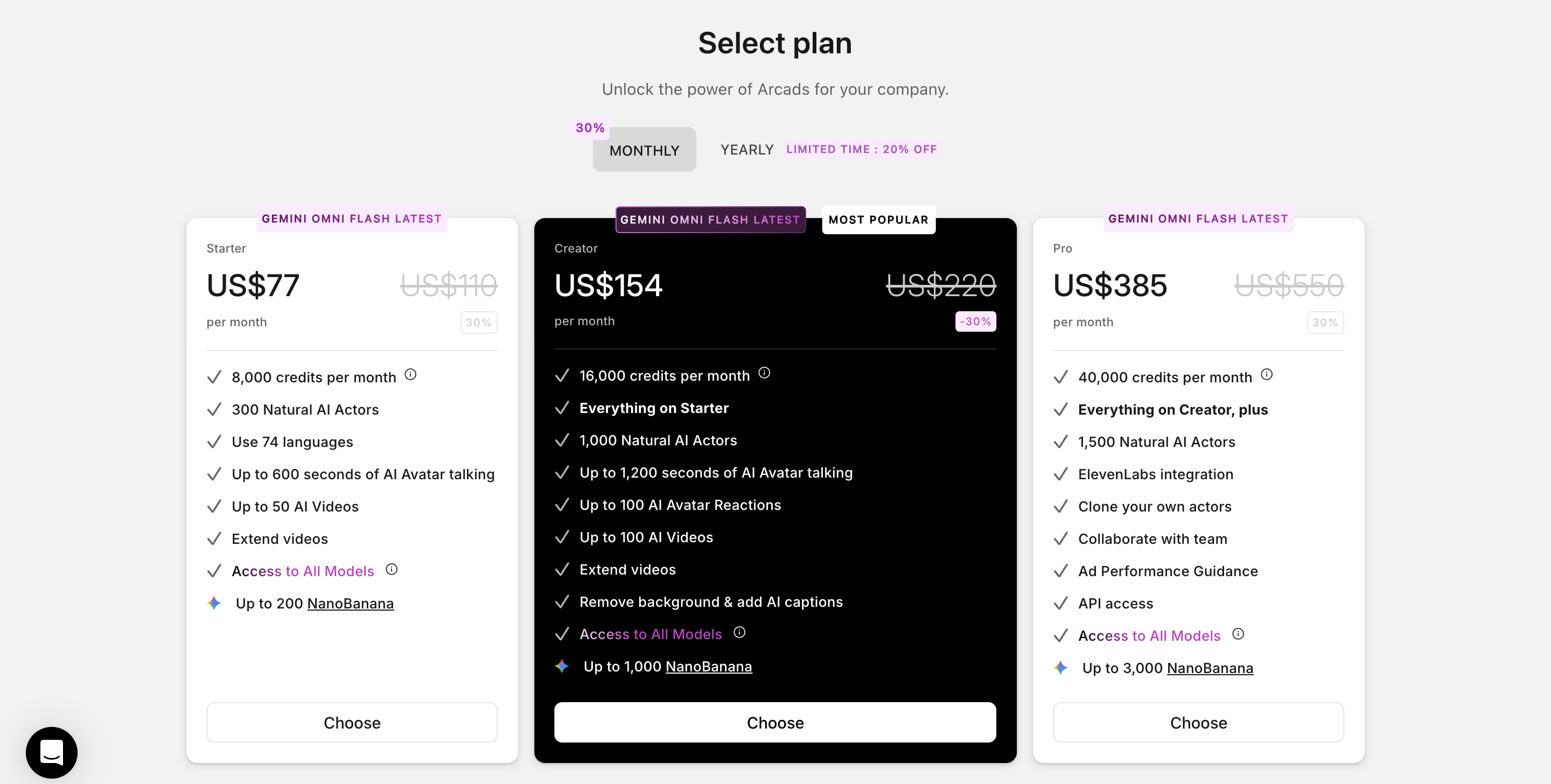Arcads's pricing (July 2026 — check their site).