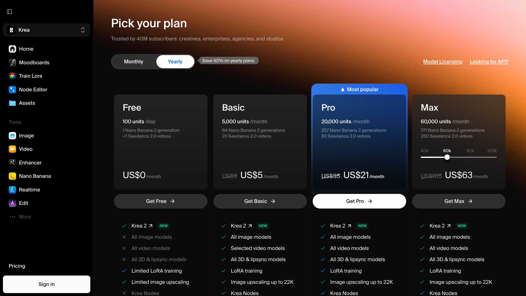 Krea's pricing (July 2026 — check their site).