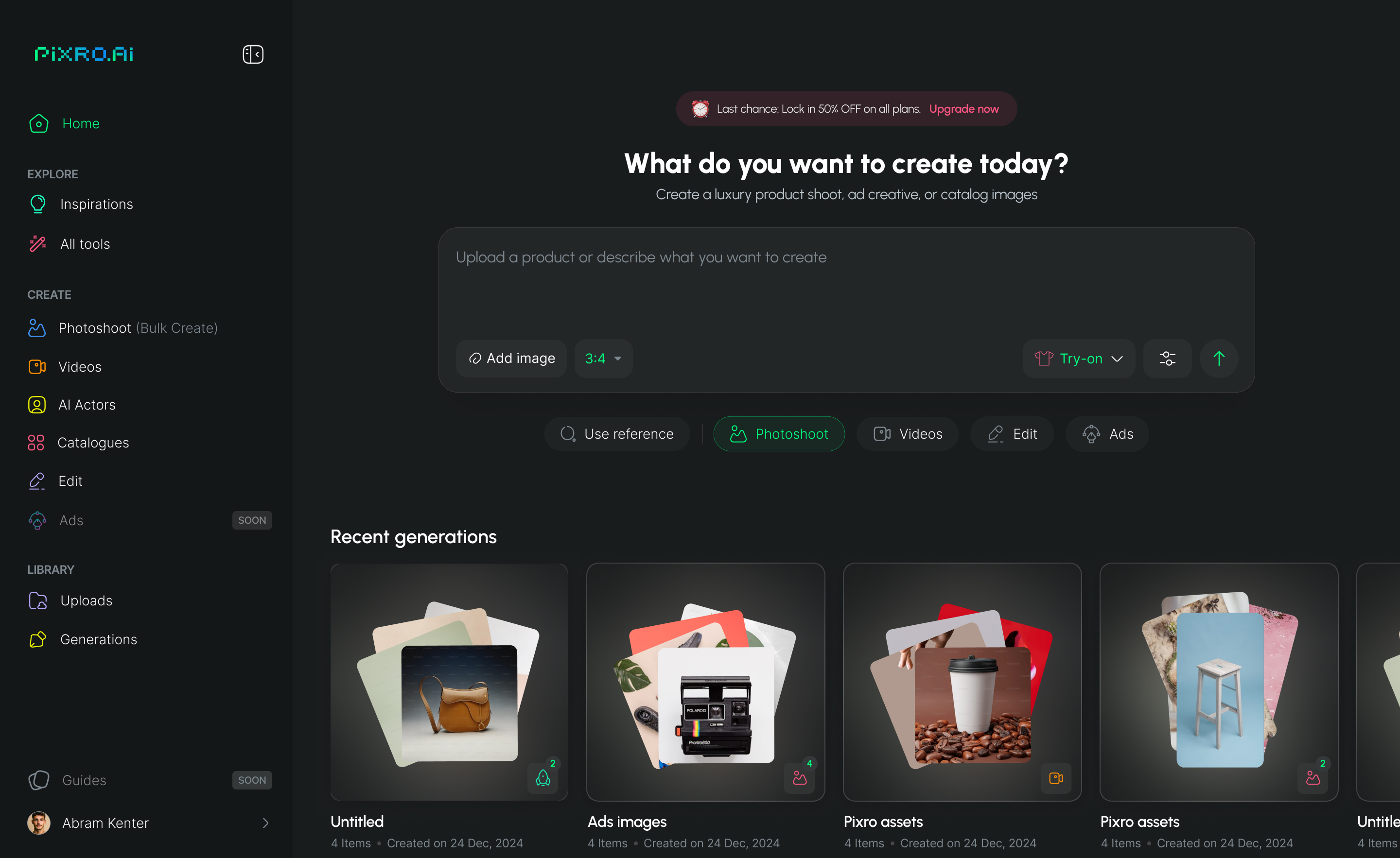 Pixro's dashboard — a chat-driven, all-in-one AI creative studio.