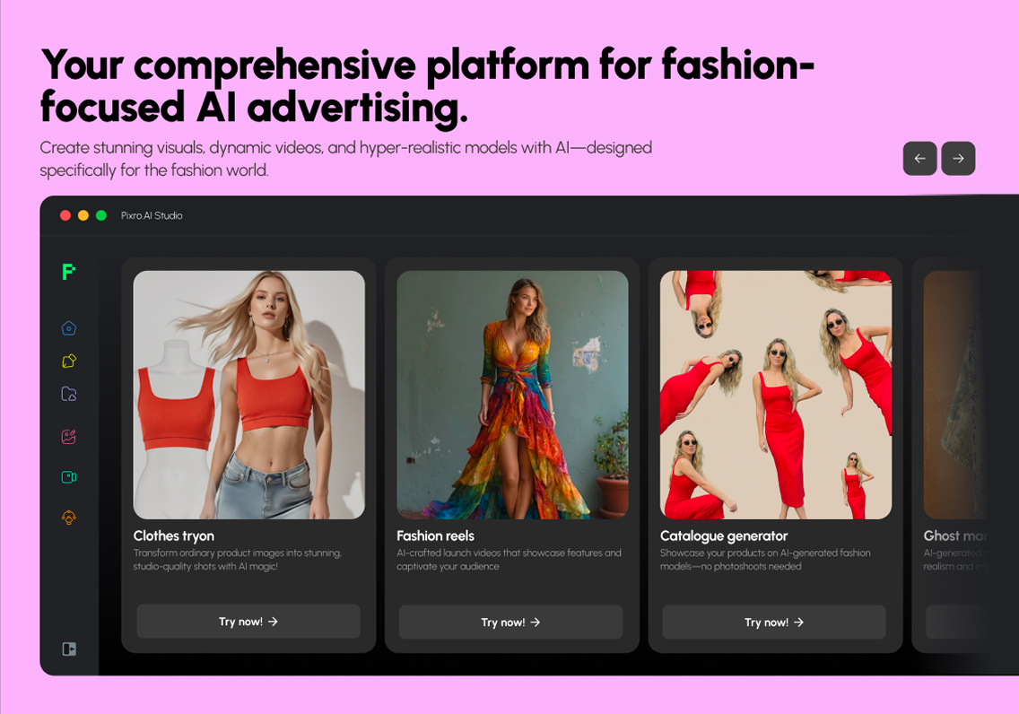 Pixro's fashion tools — virtual try-on, AI models, ghost mannequin and flat-lay.