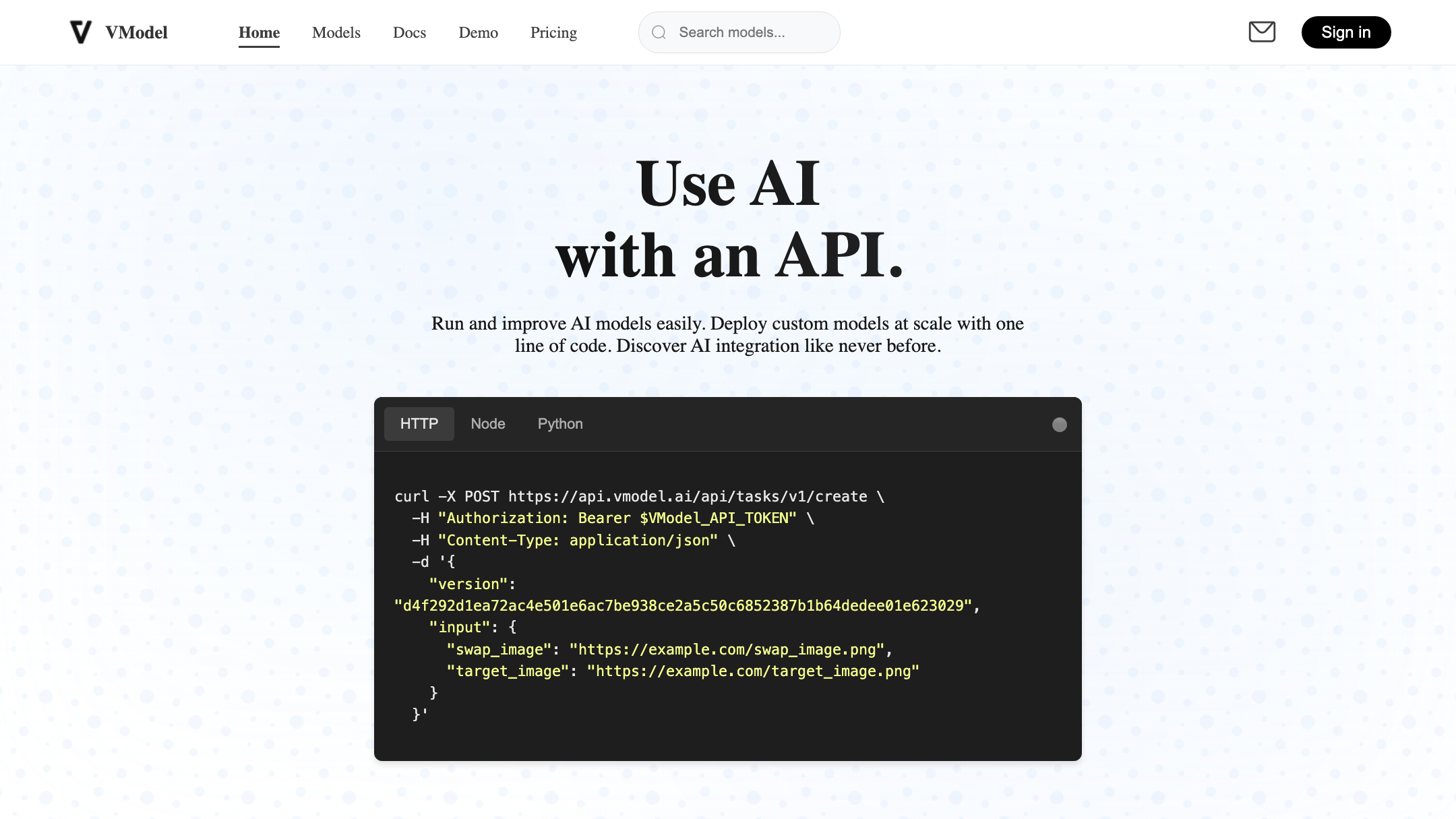 VModel's homepage (July 2026).