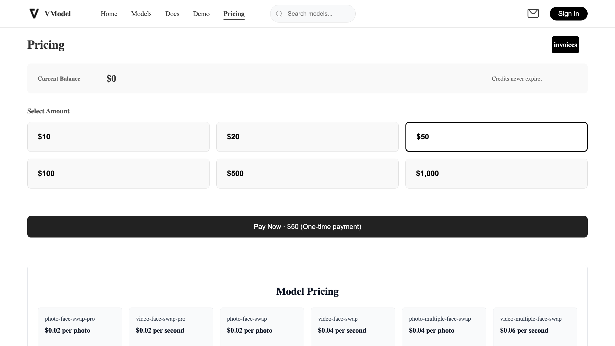 VModel's pricing (July 2026 — check their site).